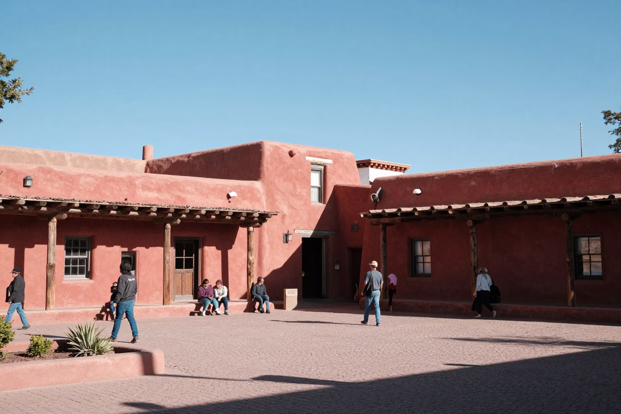 Adobe Plaza in Santa Fe at Bright Midmorning Light in in Santa Fe, New Mexico, United States