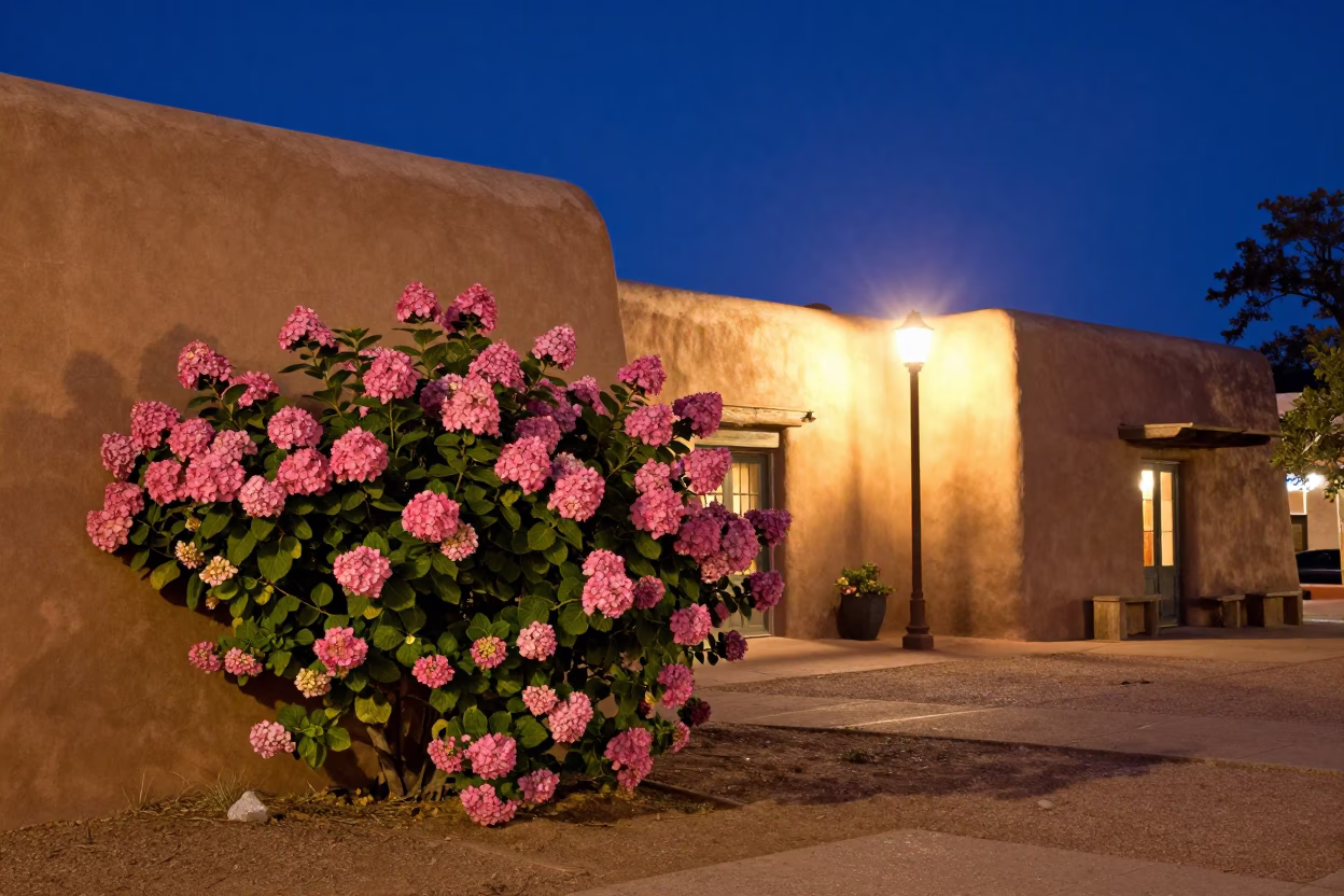 Adobe Plaza in Santa Fe at Midnight Light in in Santa Fe, New Mexico, United States