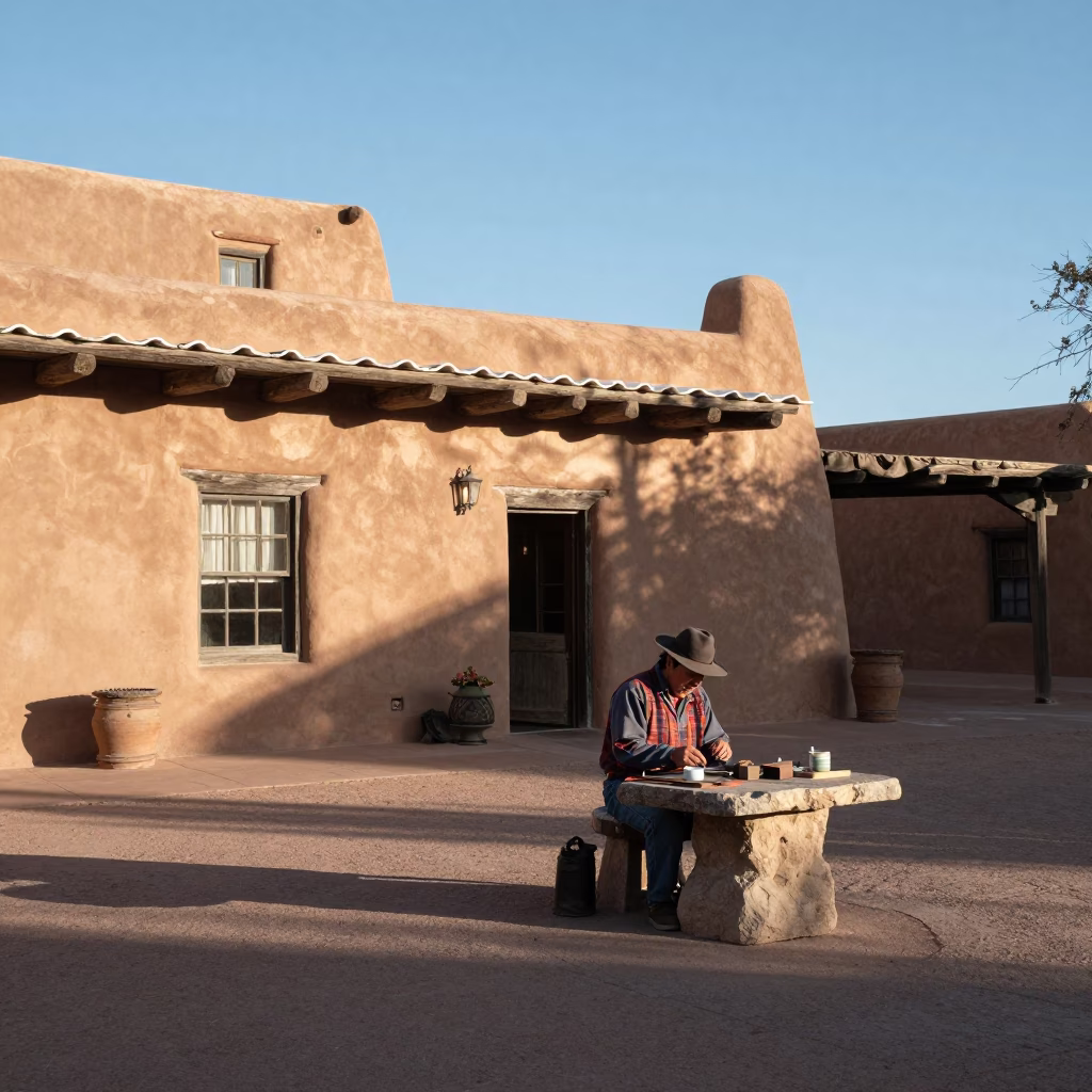 Adobe Plaza in Santa Fe at The Late Morning Light in in Santa Fe, New Mexico, United States