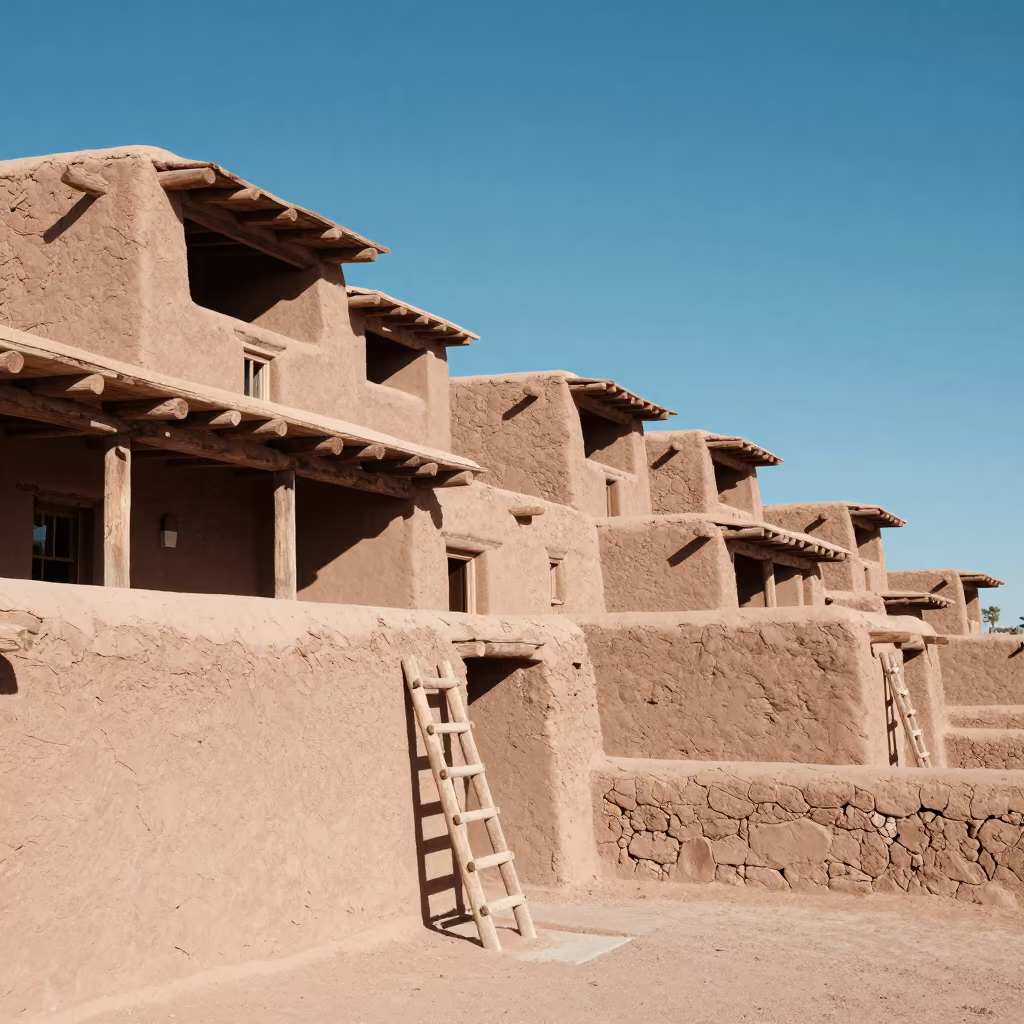 Adobe Pueblo Terraces Under Clear Spring Sky in in United States