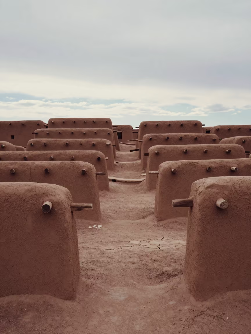 Adobe Pueblo Terraces Under Overcast Sky in in United States