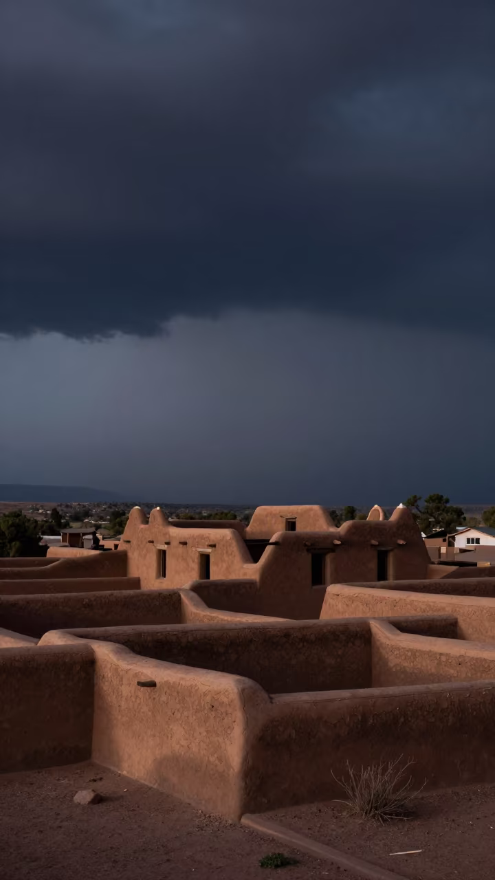 Adobe Pueblo Terraces Silhouette Thunderstorm in near Albuquerque
