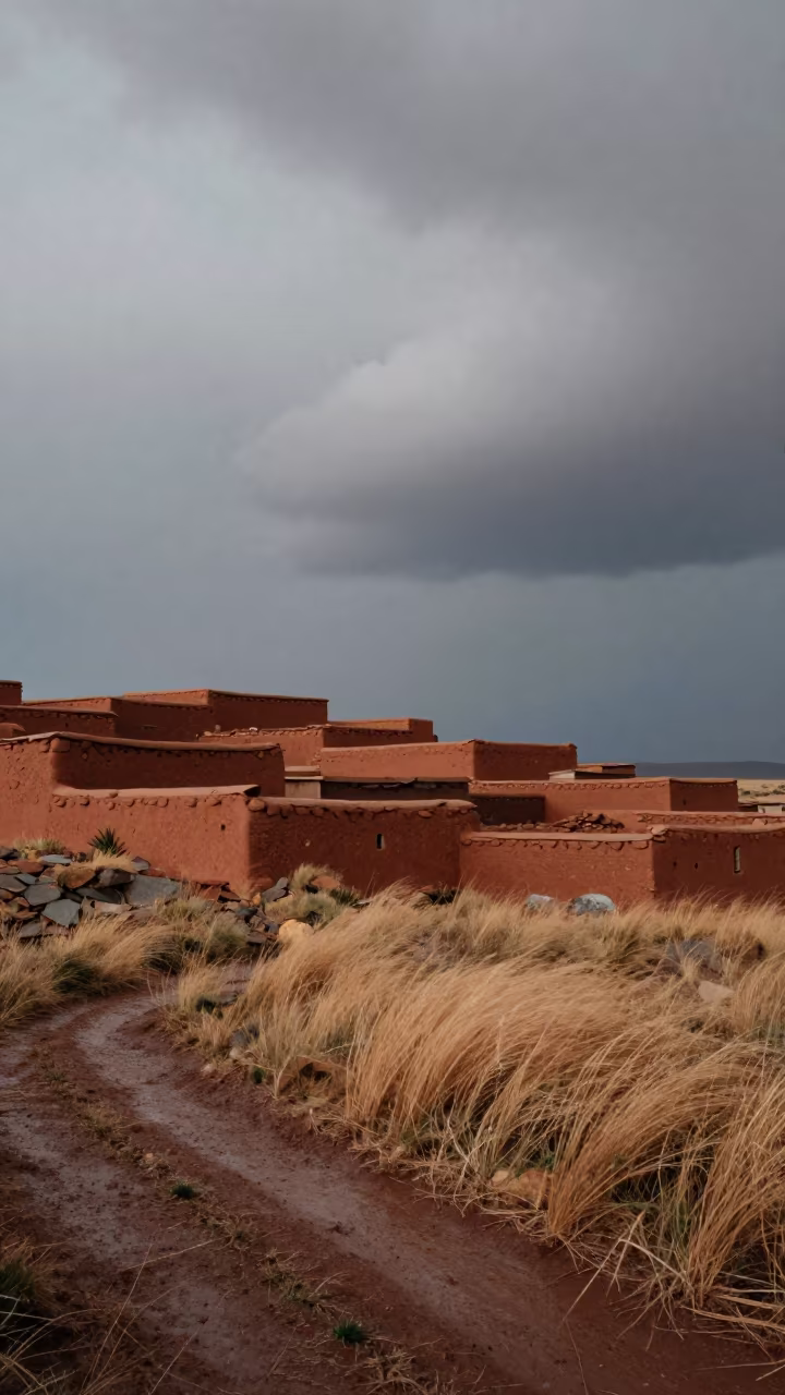 Adobe Pueblo Terraces Under Stormy Late Afternoon Sky in in United States