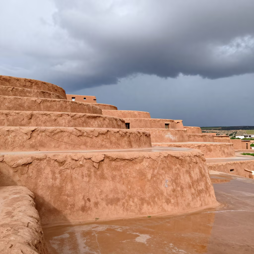 Adobe Pueblo Terraces Under Thunderstorm Afternoon in near Santa Fe