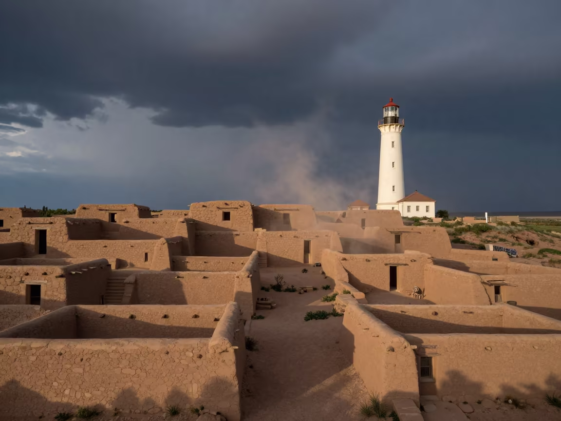 Adobe Pueblo Terraces Thunderstorm Dawn in in United States