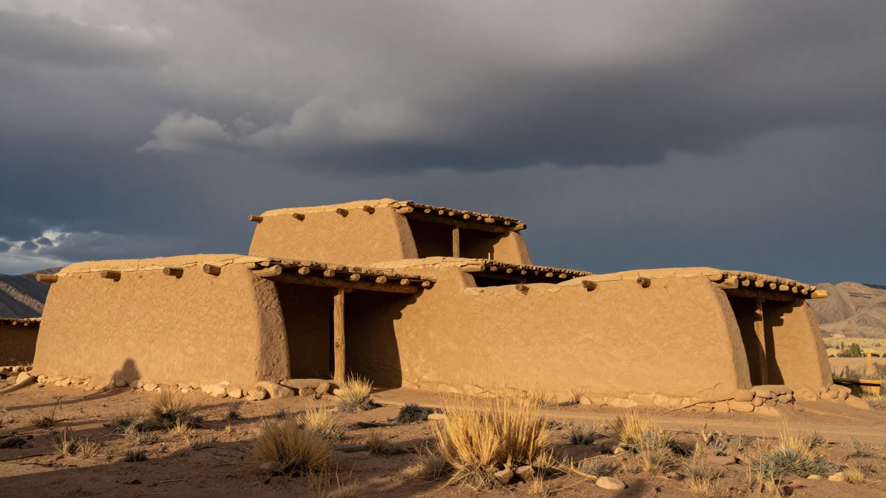 Adobe Pueblo Terraces Under Storm Sky in in United States