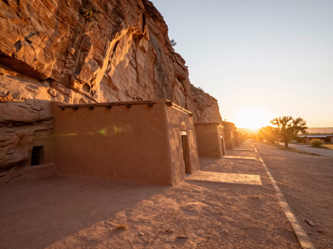 Adobe Pueblo Dwelling Under Sandstone Cliff Evening in near Albuquerque