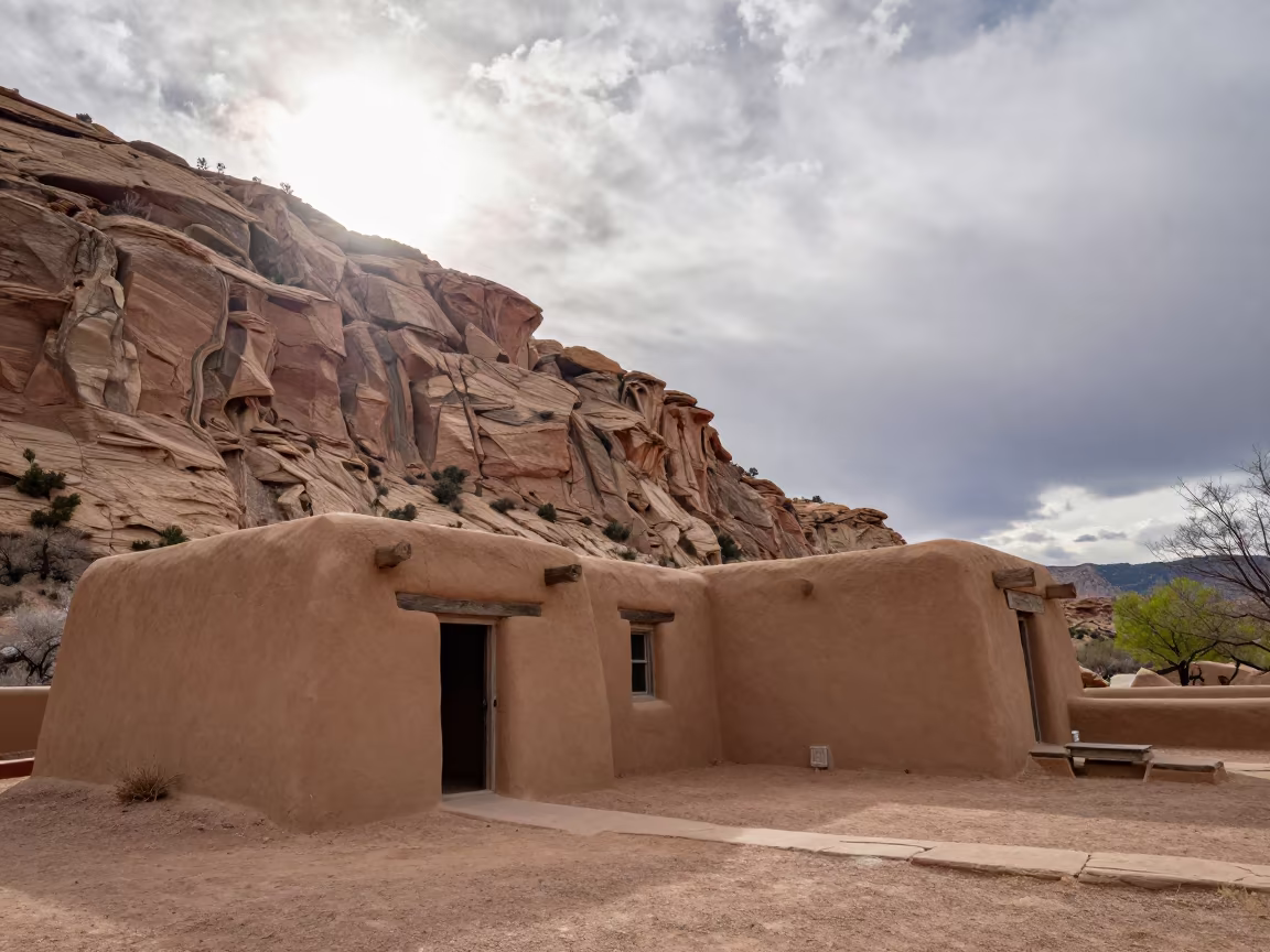 Adobe Pueblo Under Sandstone Cliff in Spring Light in near Albuquerque