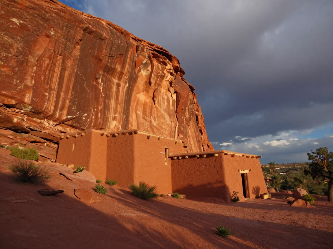 Adobe Pueblo Dwelling Under Sandstone Cliff at Sunset in near Albuquerque