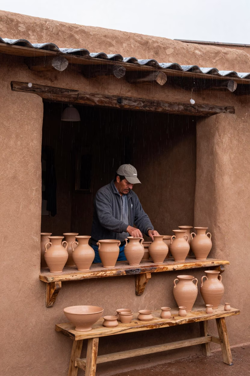 Adobe Shopkeeper Arranging Clay Pots Under Wet Santa Fe Morning Light in in Santa Fe, New Mexico, United States
