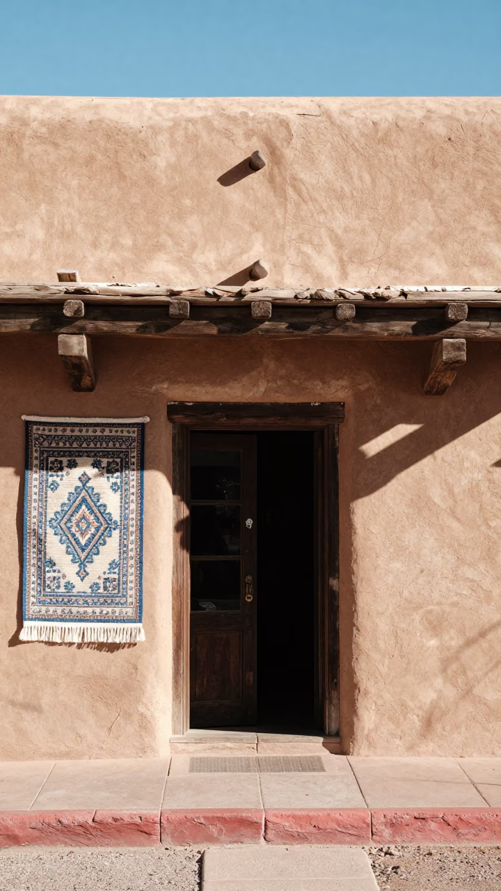 Adobe Storefront in Santa Fe at Bright Midmorning Light in in Santa Fe, New Mexico, United States