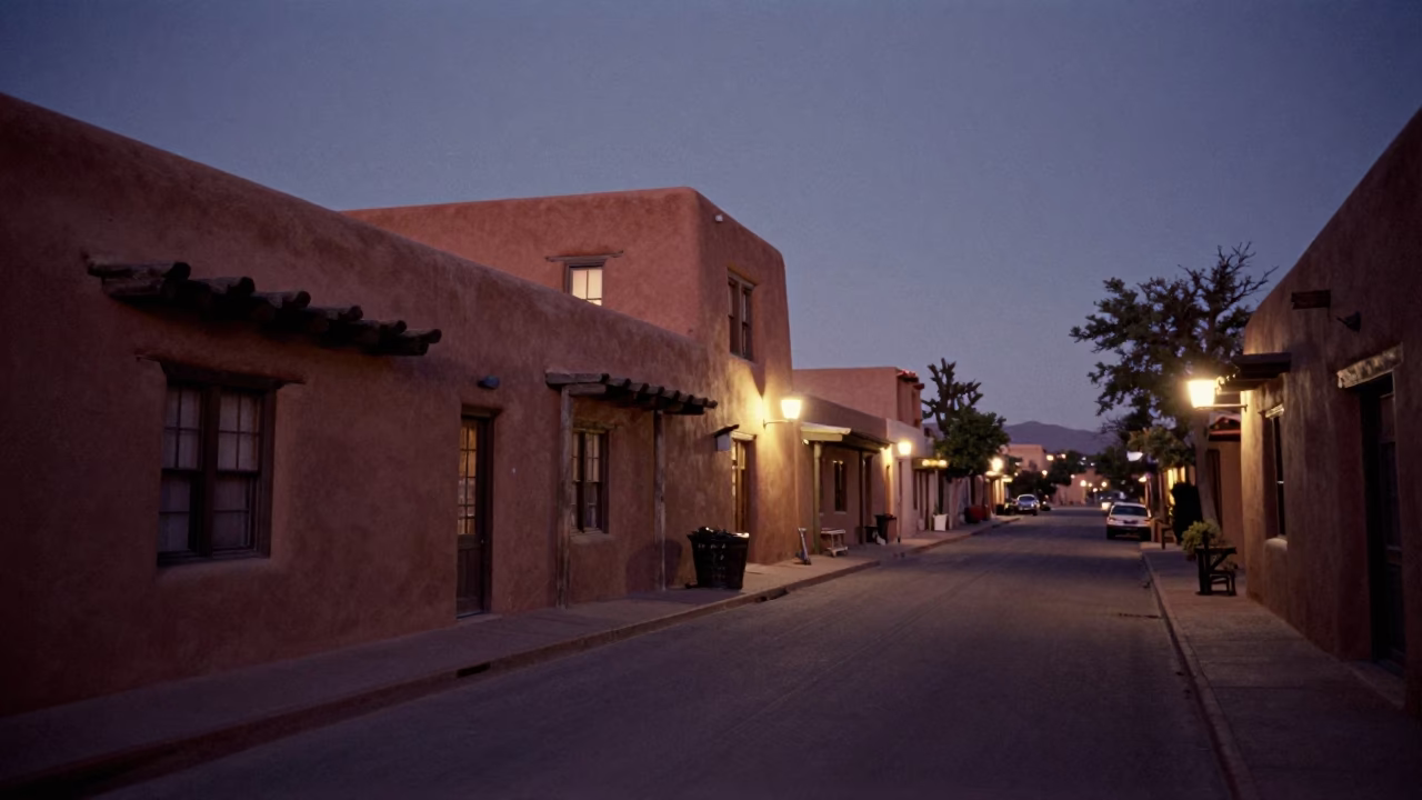 Adobe Street in Santa Fe at The Predawn Darkness Light in in Santa Fe, New Mexico, United States