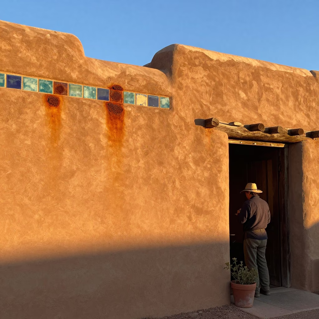 Adobe Wall in Santa Fe at Honeyed Evening Light in in Santa Fe, New Mexico, United States