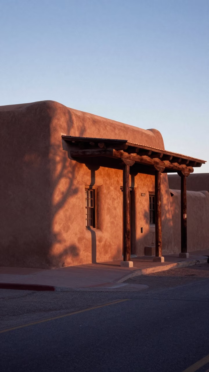 Adobe Walls in Santa Fe at Nautical Dawn Light in in Santa Fe, New Mexico, United States
