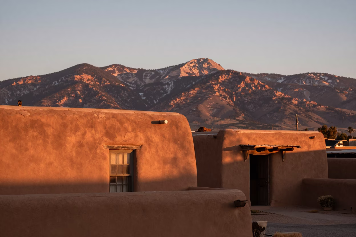 Adobes at Copper-toned Light Before Dusk in Santa Fe in in Santa Fe, New Mexico, United States