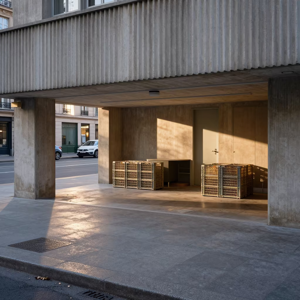 Adoption Crate in Bastille Lobby Winter Light in inside a ribbed concrete lobby in Bastille, Paris