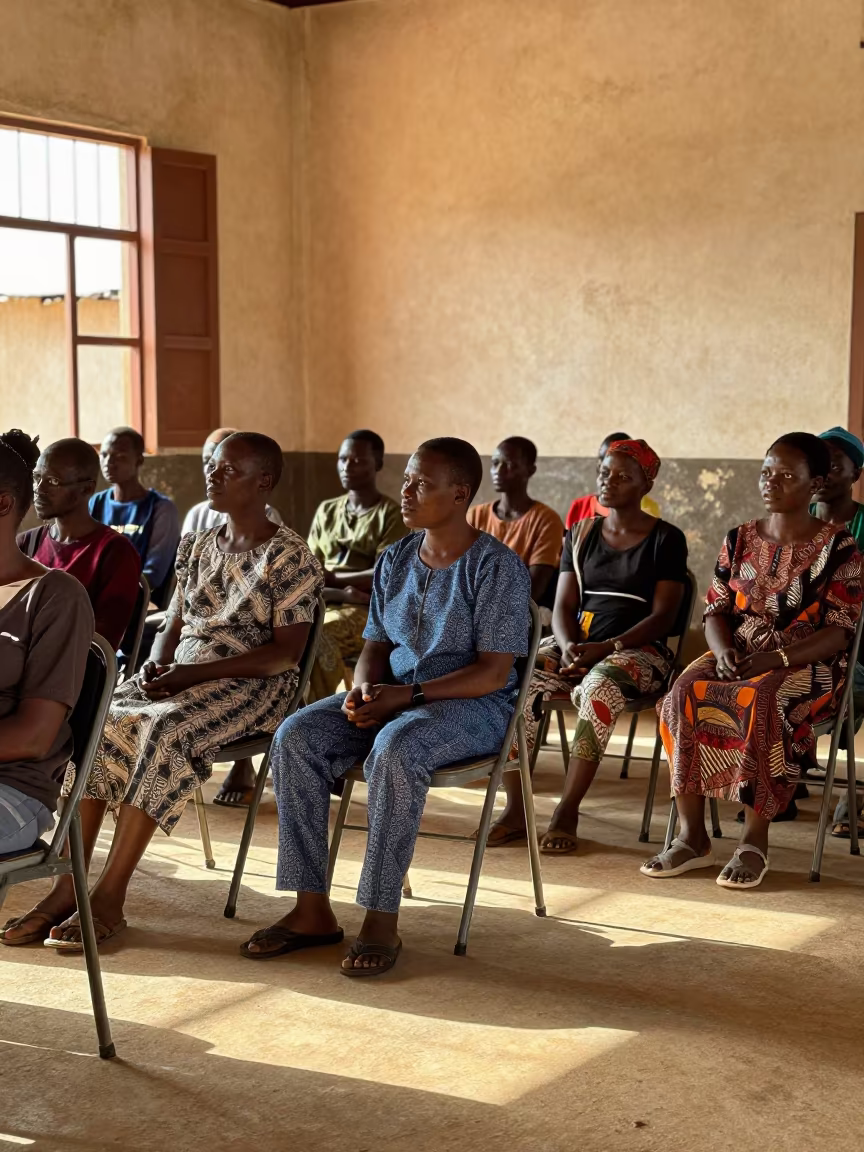 Audience in Adzope Town Hall for Hearing in in a community center hall in Adzopé