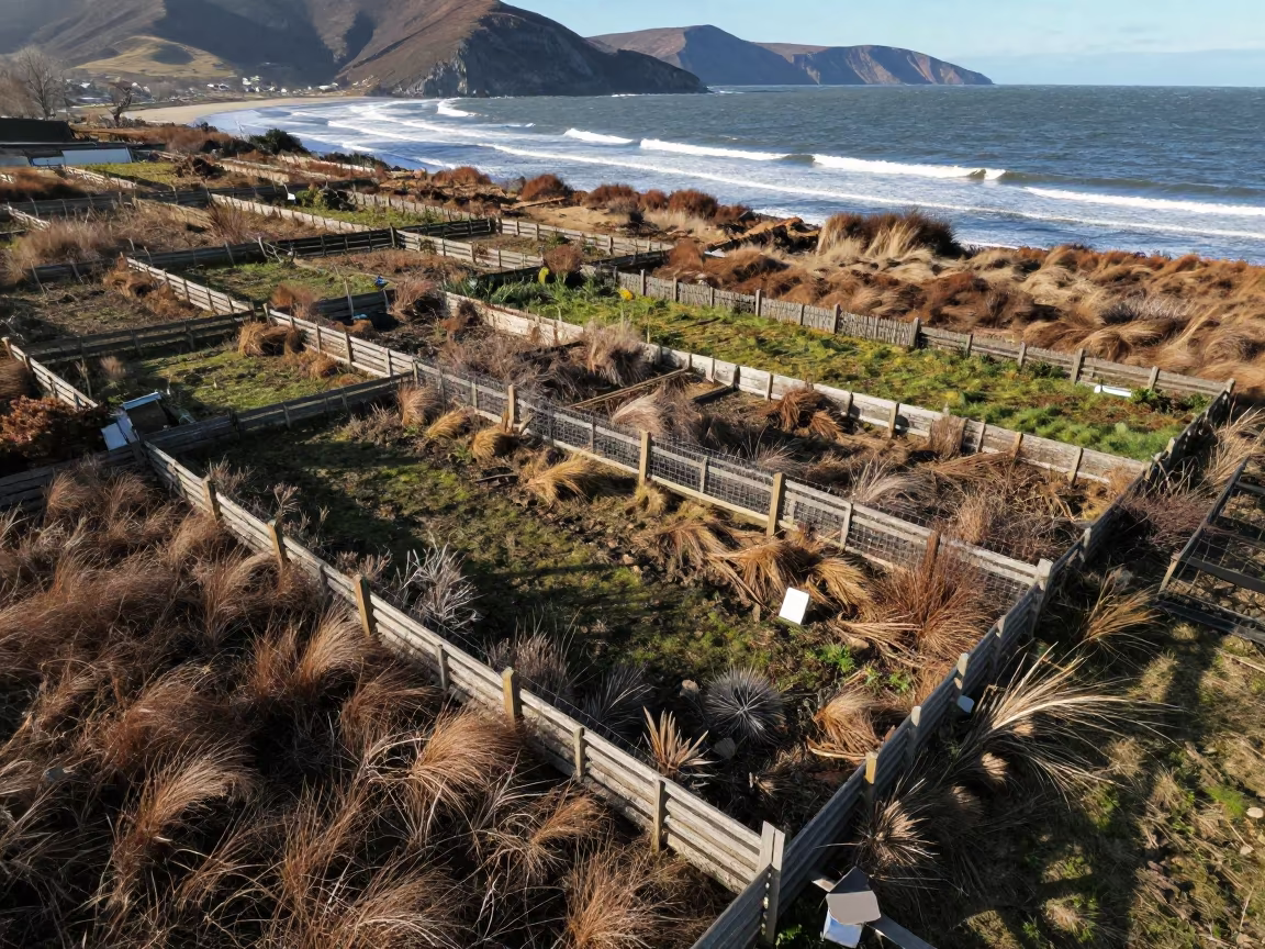 Aerial View of Autumn Allotment Gardens Near Coast in far above surf-scalloped coastline near Bago
