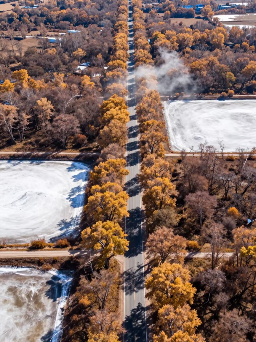 Aerial autumn forest road Mongolia salt ponds in high over salt ponds and causeways in Mongolia