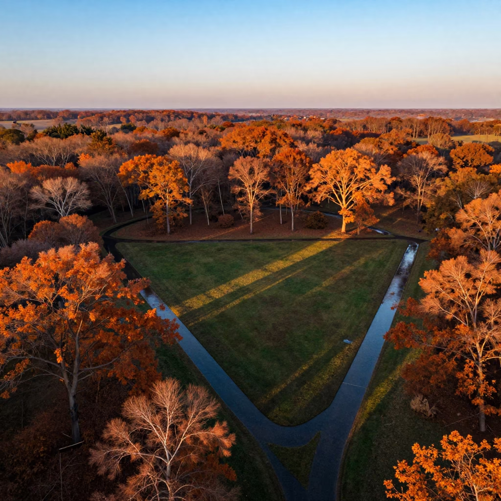 Aerial autumn forest sunset irrigation geometry Arua in high above irrigation geometry near Arua