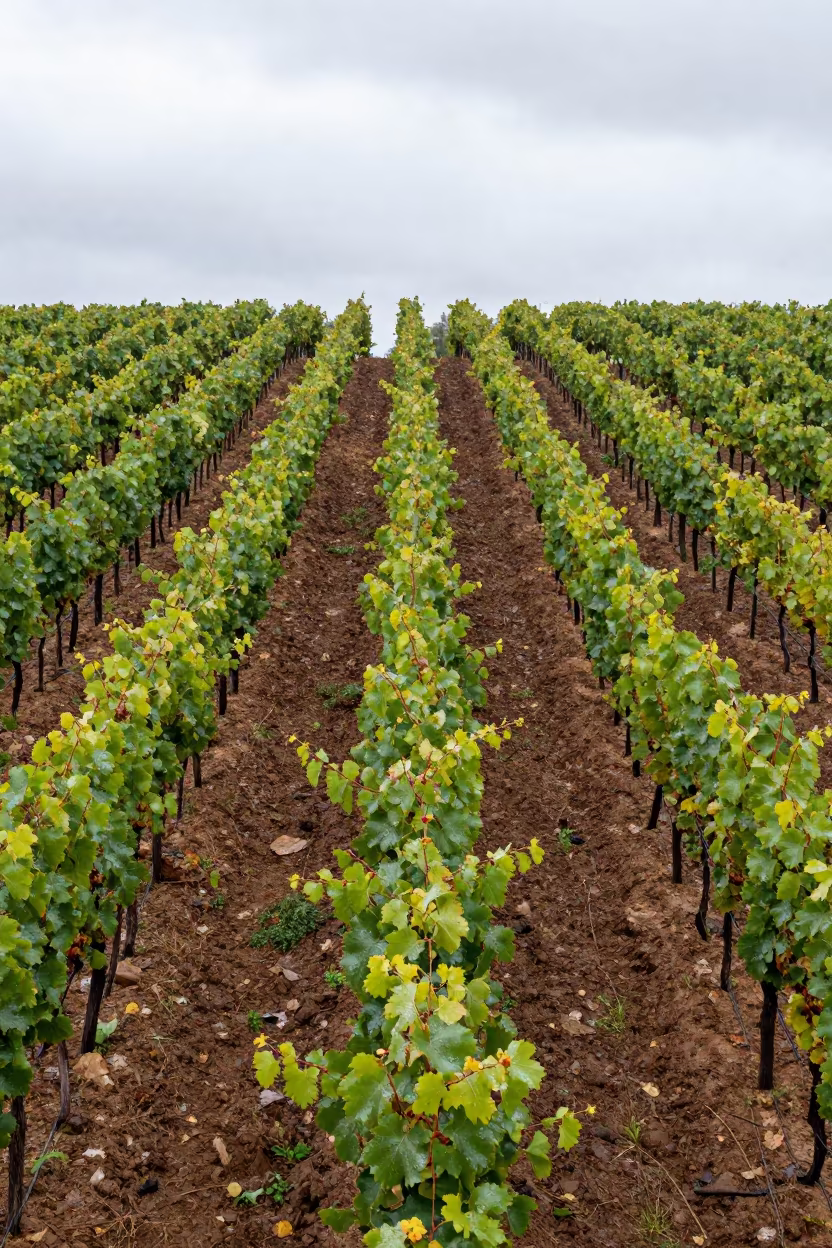 Aerial Autumn Vineyard Catalonia Monsoon Light in between vineyard trellises in Catalonia