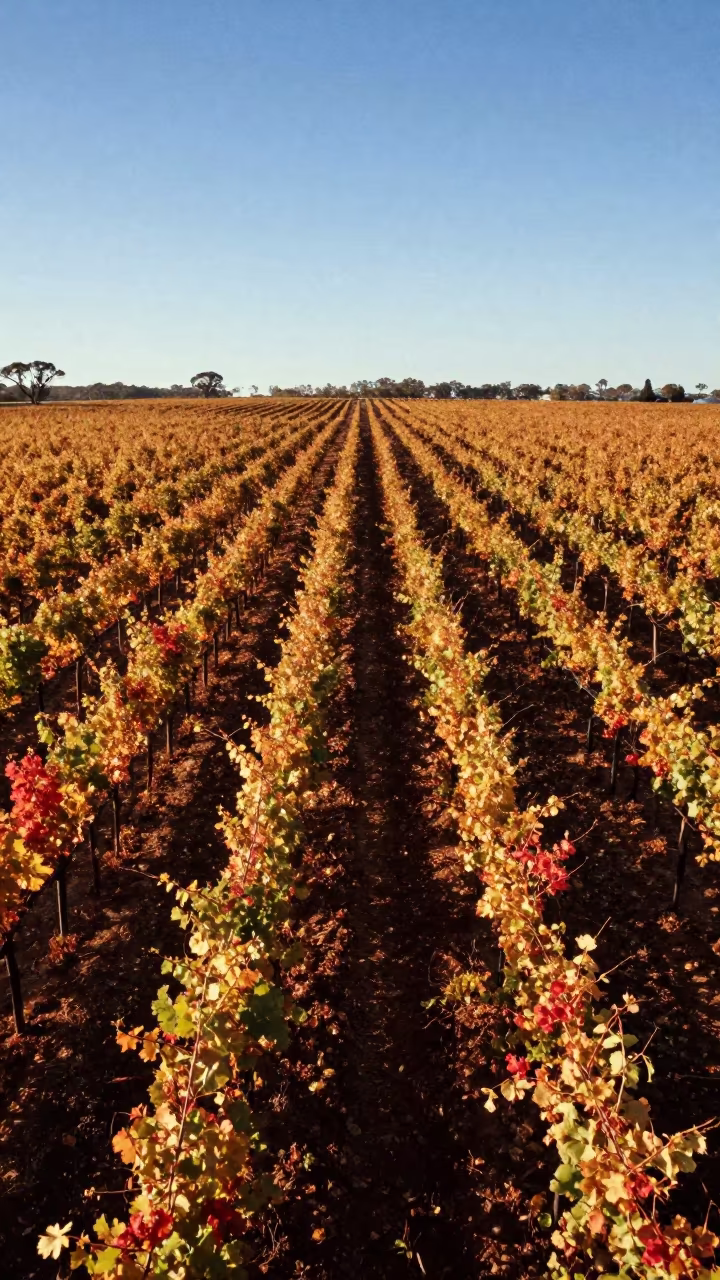 Aerial View of Autumn Vineyard Rows at Sunrise in along freshly irrigated rows in Western Australia