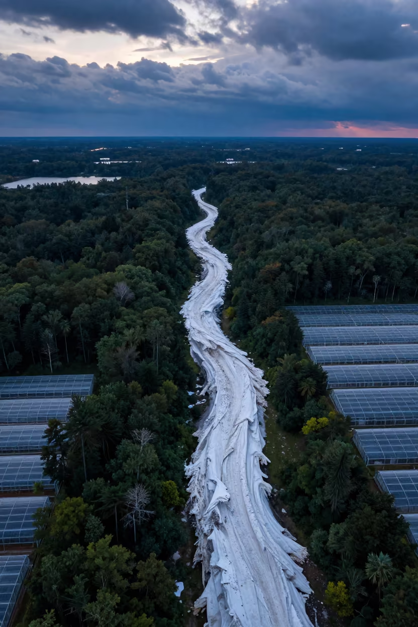 Aerial Avalanche Path Through Nebraska Forest Twilight in high over greenhouse grids in Nebraska