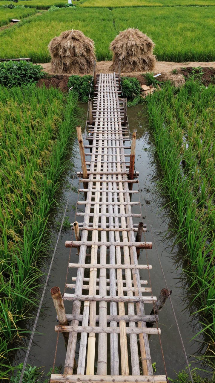Aerial View of Bamboo Footbridge Over Rice Paddy in beside stacked hay bales near Dar es Salaam
