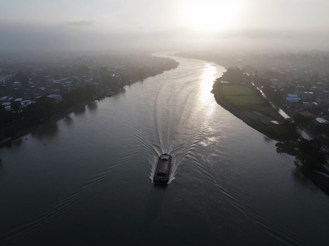 Aerial Barge Wakes River Mist City Lights in far above river meanders near Al Mokattam