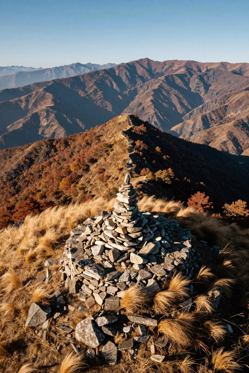 Aerial Barge Wakes Summit Cairn Thimphu Autumn in beside a summit cairn above the tree line near Thimphu