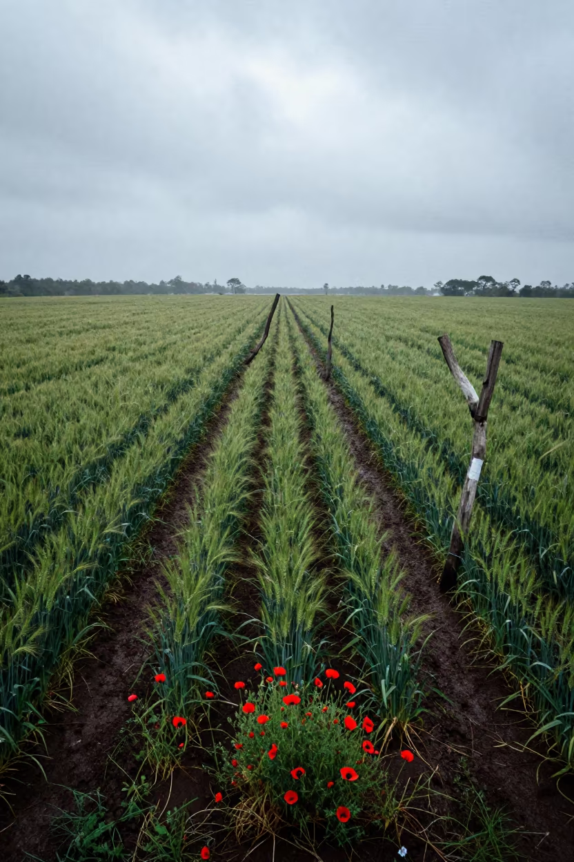 Aerial Barley Field Night Poppies Bent Fence in along freshly irrigated rows near Negombo
