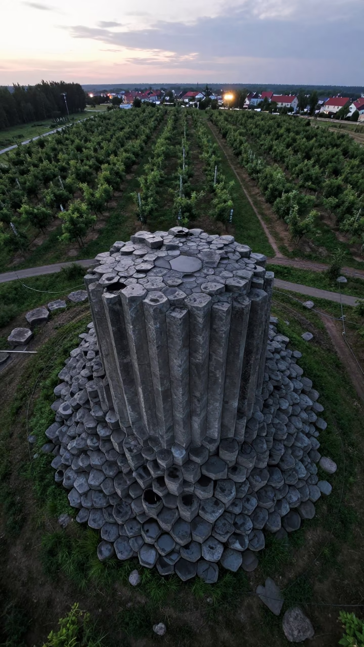 Aerial Basalt Columns Twilight Latvia in far above orchard blocks and irrigation lines in Latvia