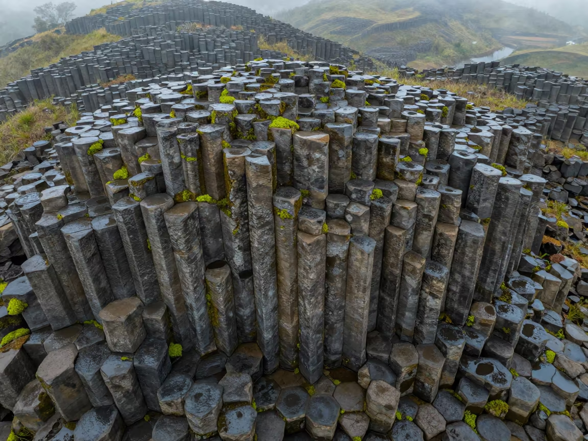 Aerial Basalt Columns Wet Season Shinyanga in far above terraced hillsides near Shinyanga