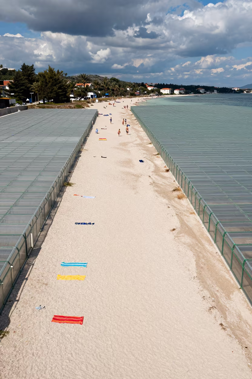Aerial View of Beach Towels and Bathers on Dalmatian Coast in high over greenhouse grids in Dalmatia