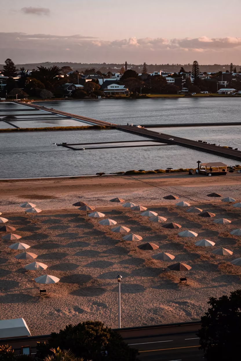 Aerial Beach Umbrellas Over Auckland Salt Ponds in high over salt ponds and causeways near Britomart, Auckland