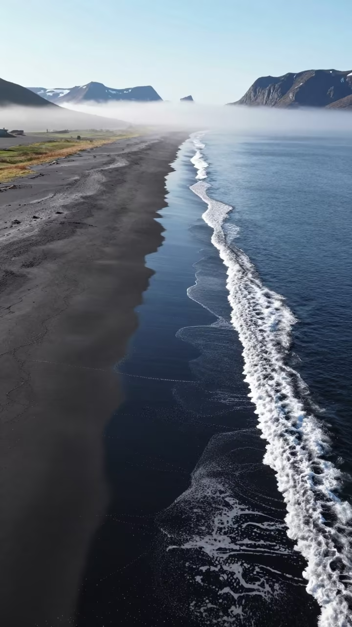 Aerial Black Sand Beach Norway White Surf in far above surf-scalloped coastline in Norway