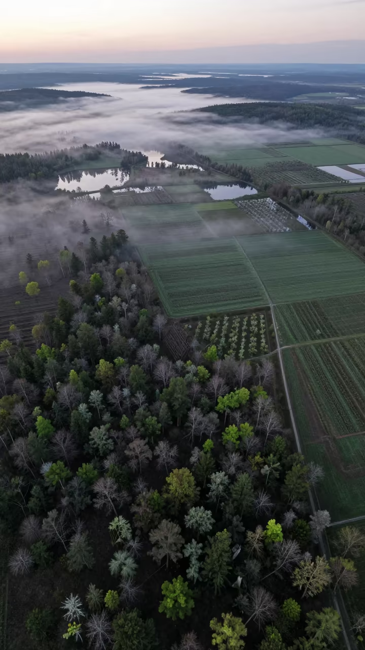 Aerial Boreal Forest Jordan Evening Fog in far above orchard blocks and irrigation lines in Jordan