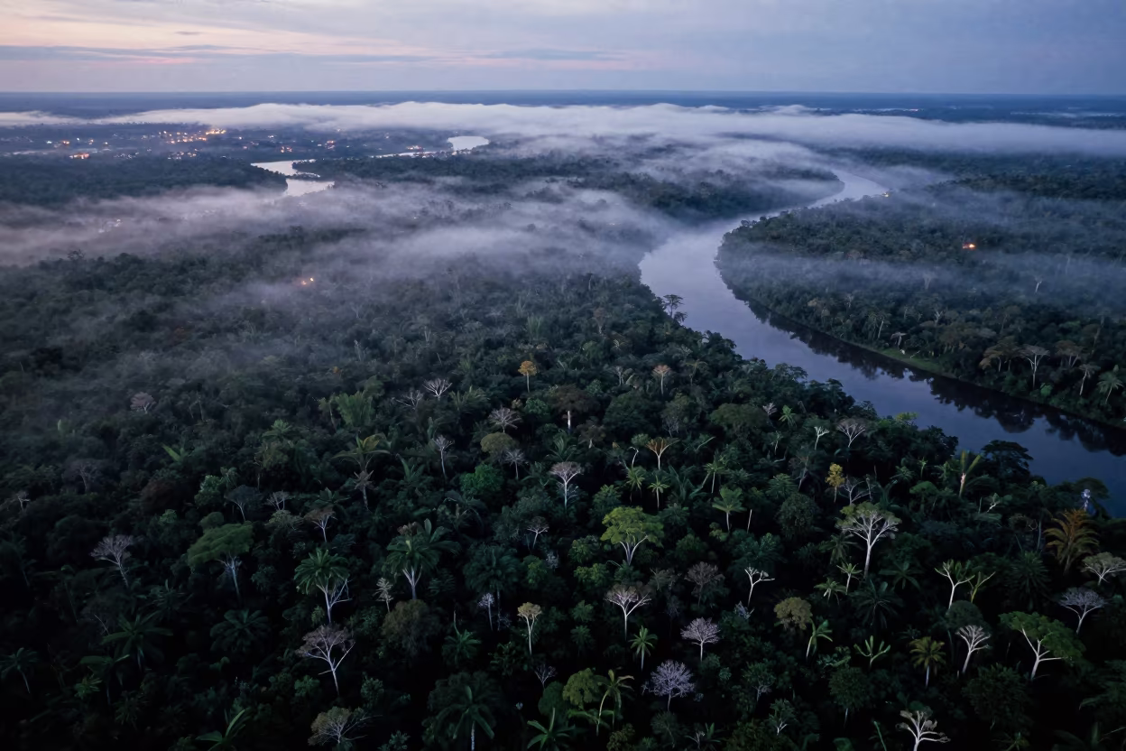 Aerial Boreal Forest Monsoon Canopy with River Braids in high above braided river channels in Pará