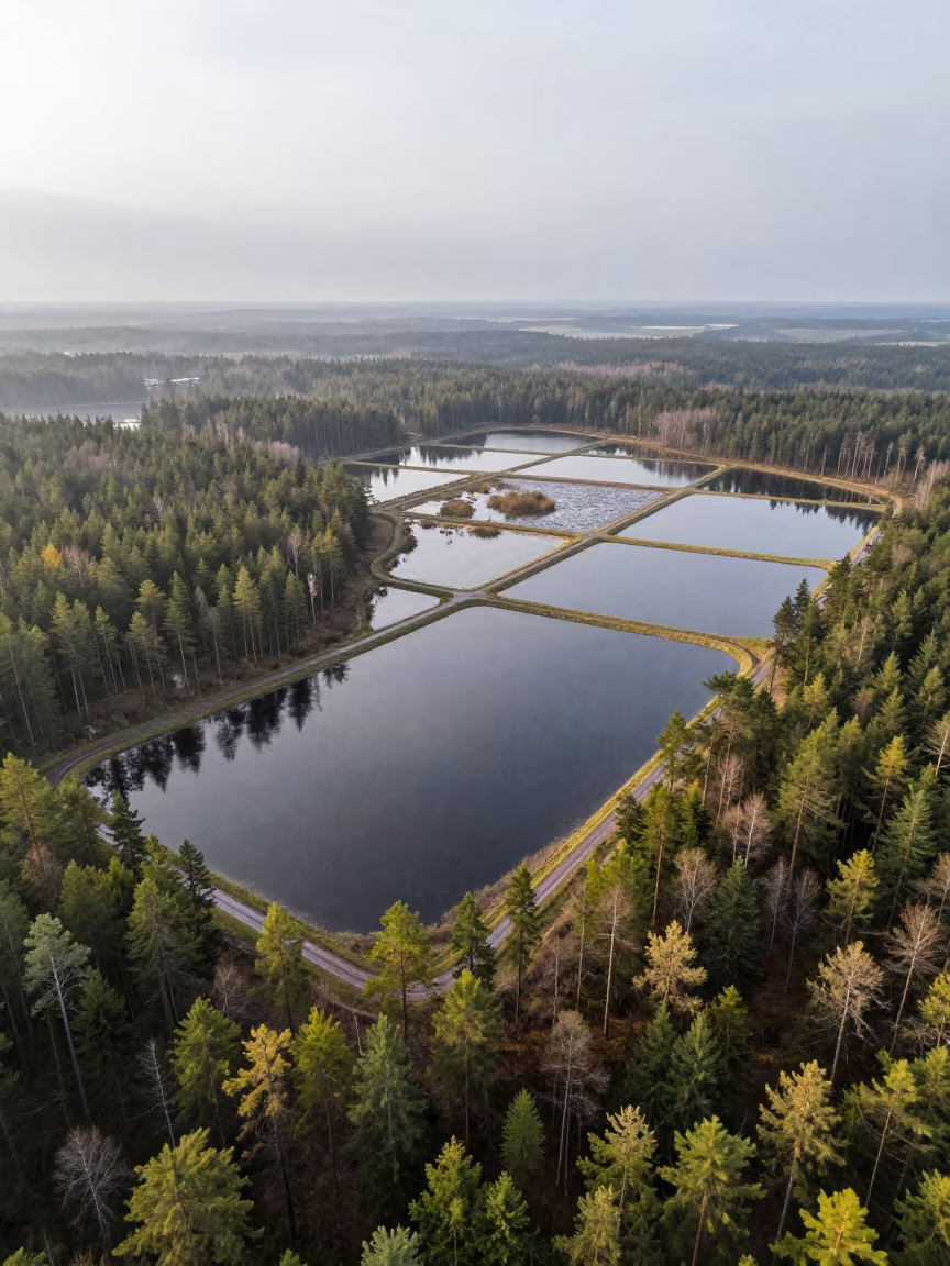 Aerial Boreal Forest and Salt Ponds Poland in high over salt ponds and causeways in Poland