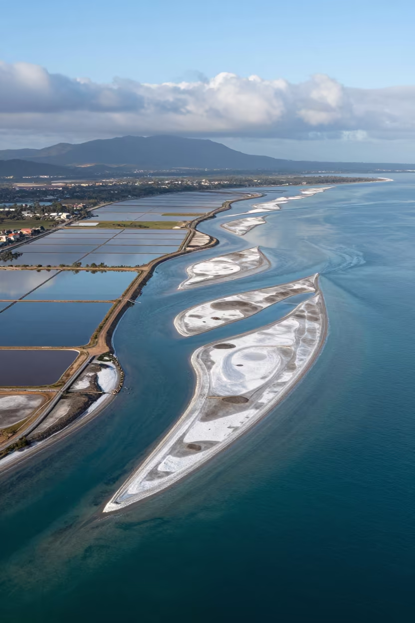 Aerial Braided Delta Meeting Open Sea Near Mombasa in high over salt ponds and causeways near Mombasa