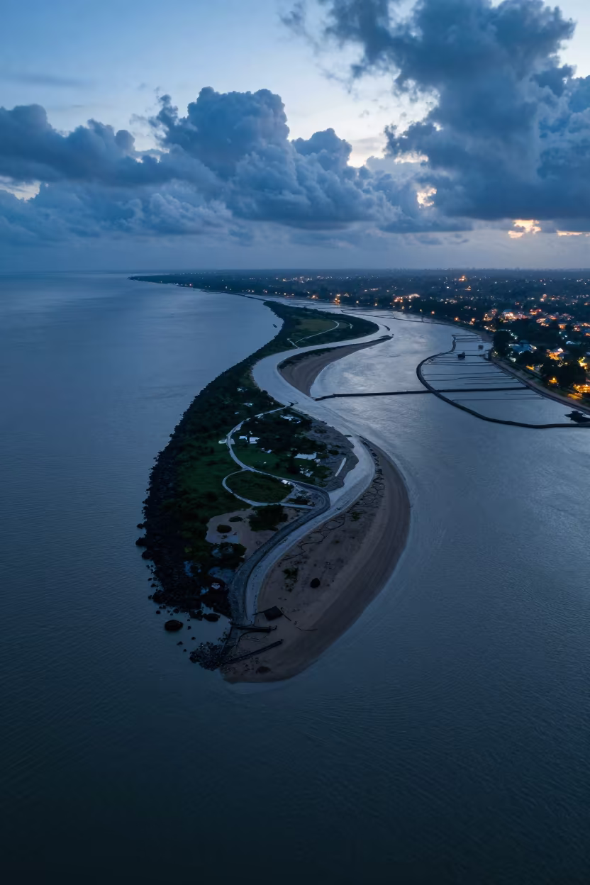 Aerial Braided Delta Meeting Sea at Blue Hour in high above irrigation geometry near Mumbai