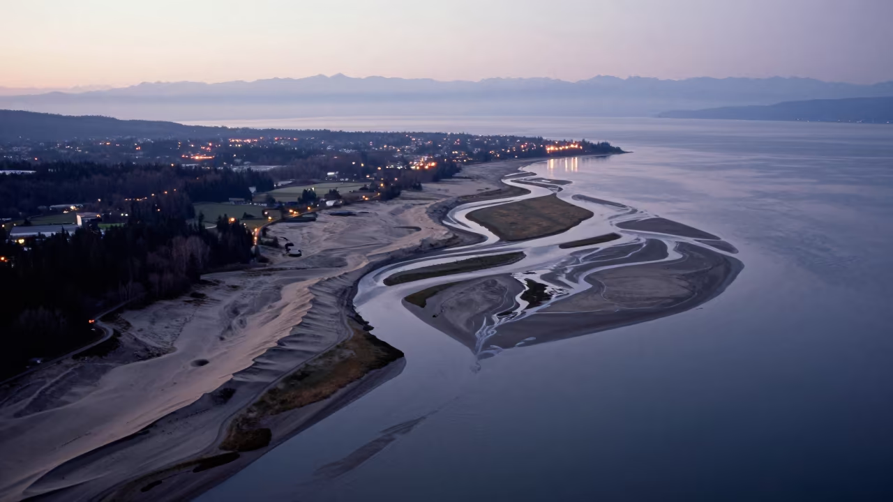 Aerial Braided Delta Meeting Sea at Twilight in above dune fields and dry wadis in British Columbia