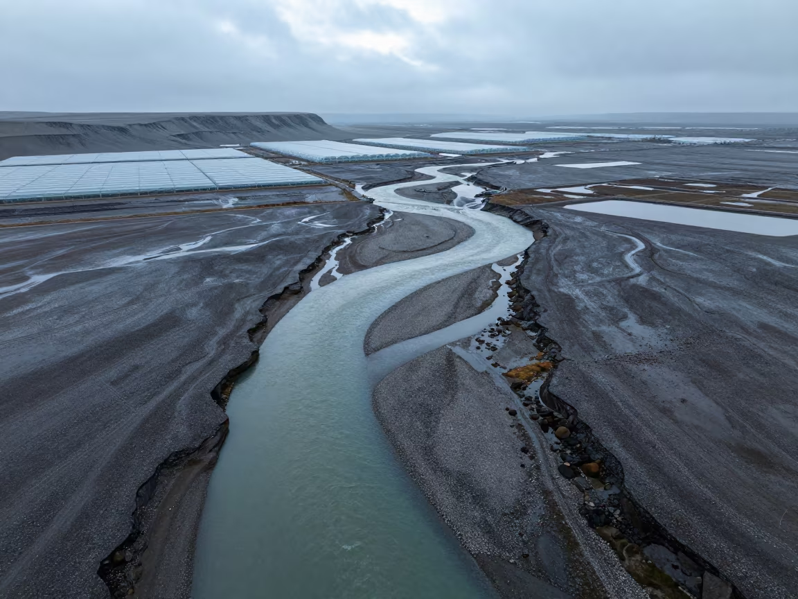 Aerial Braided Glacial Rivers Before Dawn in high over greenhouse grids near Bouskoura