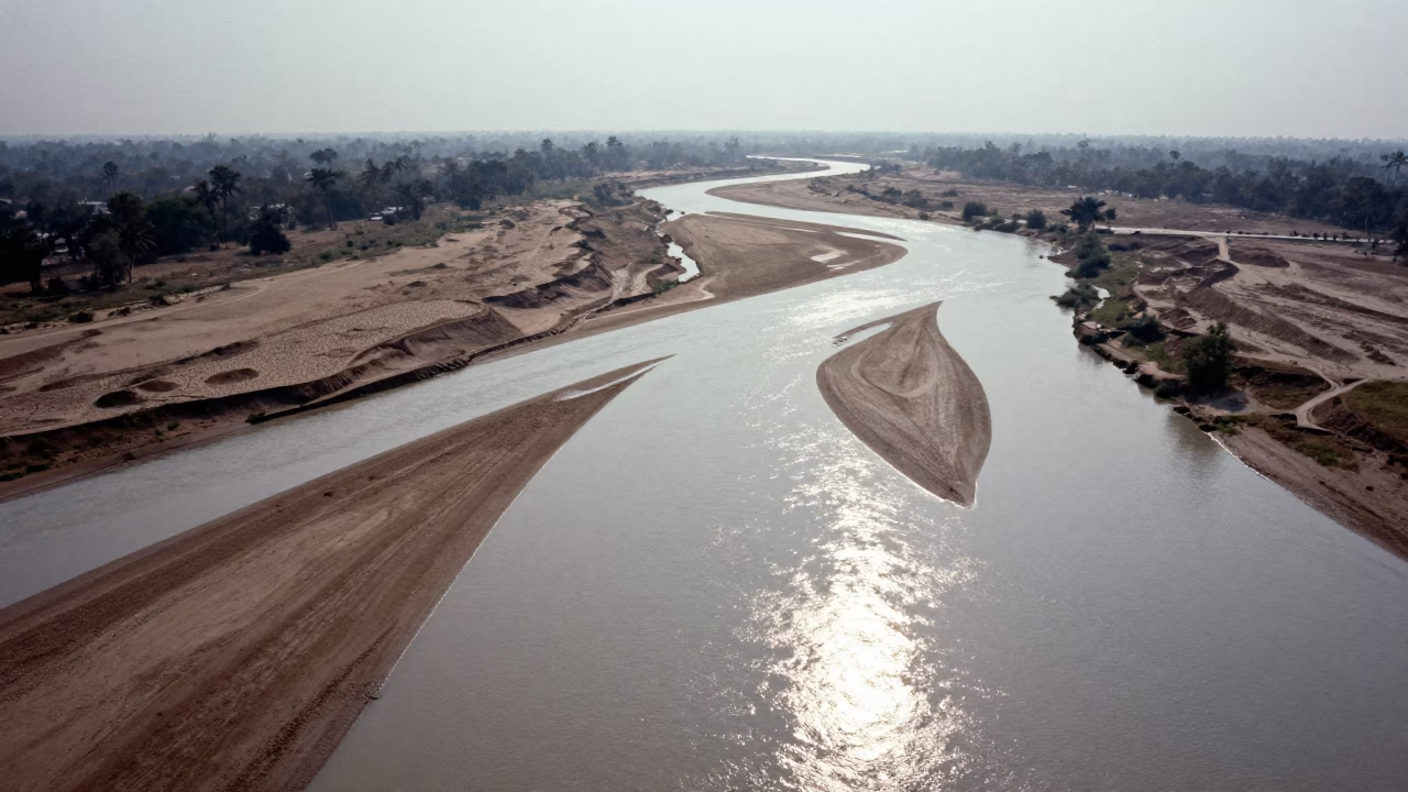 Aerial View of Braided River Channels in Madhya Pradesh in high above braided river channels in Madhya Pradesh