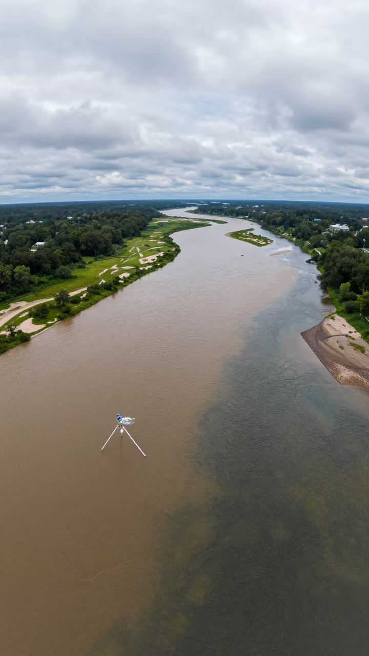 Aerial View of Braided River Confluence Mixing Muddy Water in high above braided river channels near Hartford