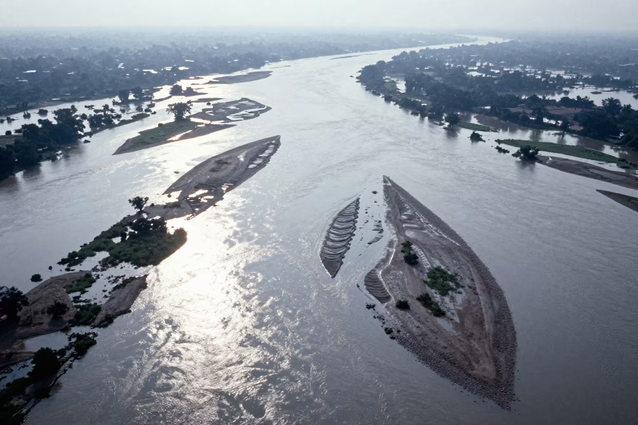 Aerial Braided River Islands Silver Water in high above braided river channels near Surat