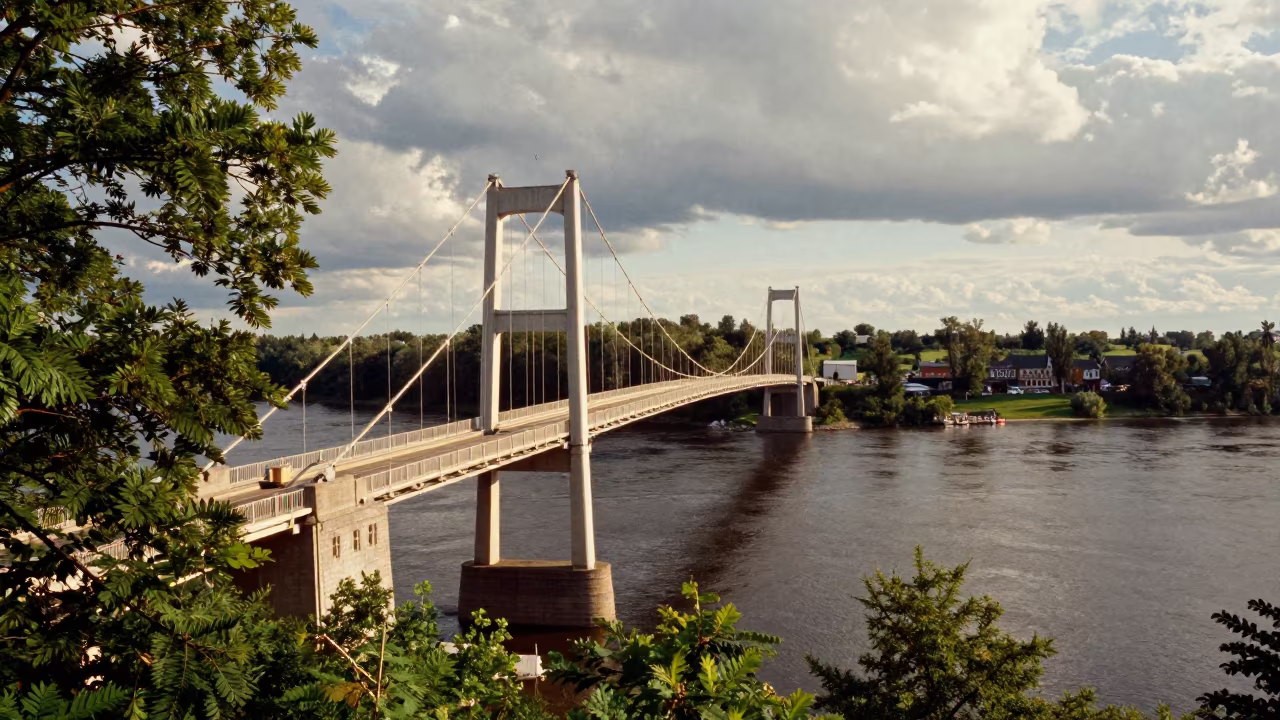 Aerial Bridge View Over River With Dappled Light in beside a canal-front facade in Canada