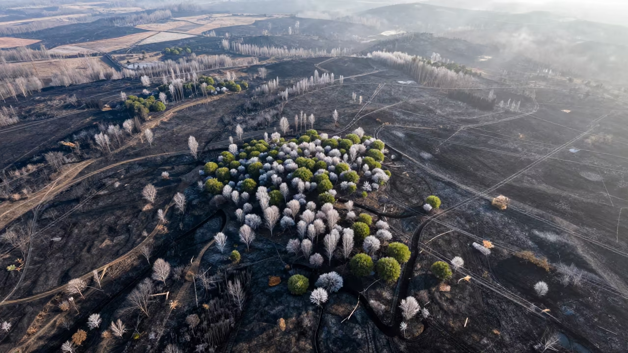 Aerial Burn Scar Regrowth Winter Urals in high above irrigation geometry in the Urals
