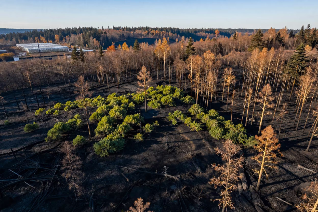 Aerial View Burned Forest Regrowth Near Seattle Greenhouses in high over greenhouse grids near Seattle
