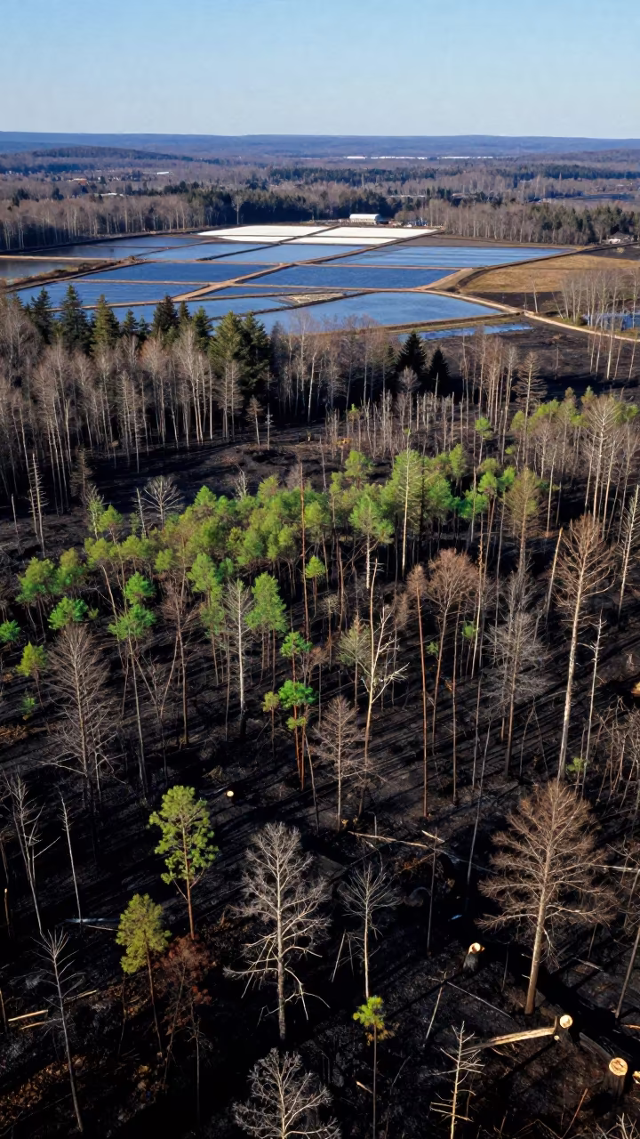 Aerial View Burned Forest Regrowth Vermont Salt Ponds in high over salt ponds and causeways in Vermont